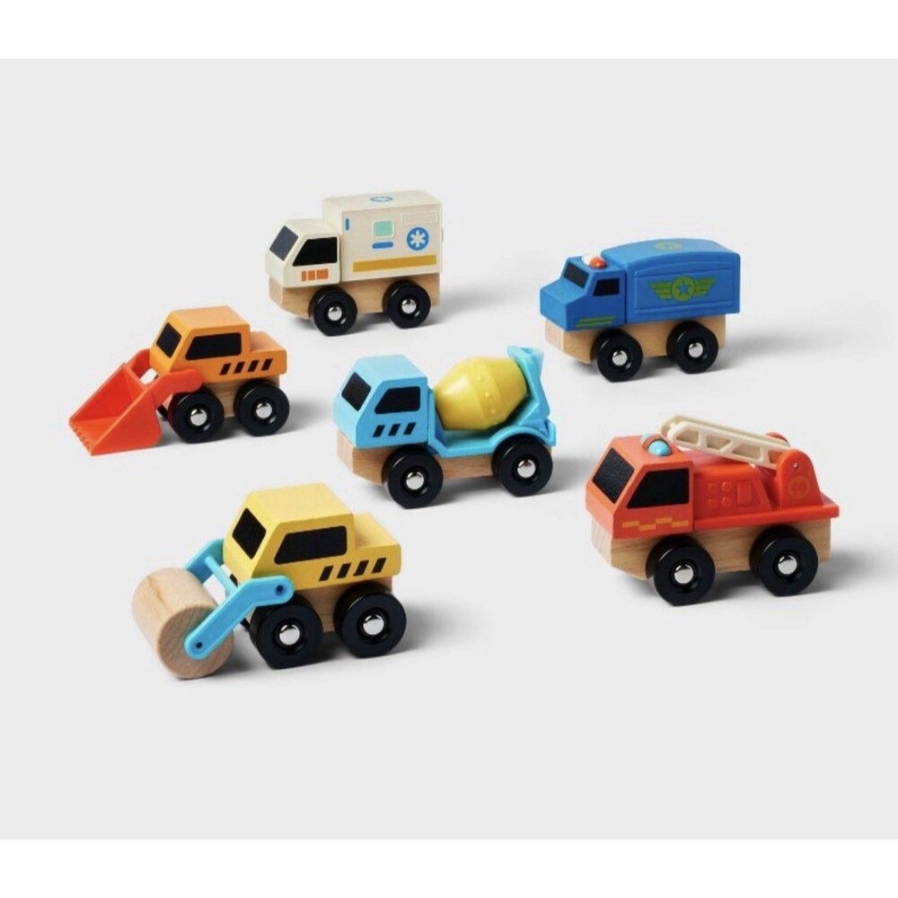 Giggle Scape Wooden Toy Construction And Emergency Vehicles Lot of 6 For Toddler
